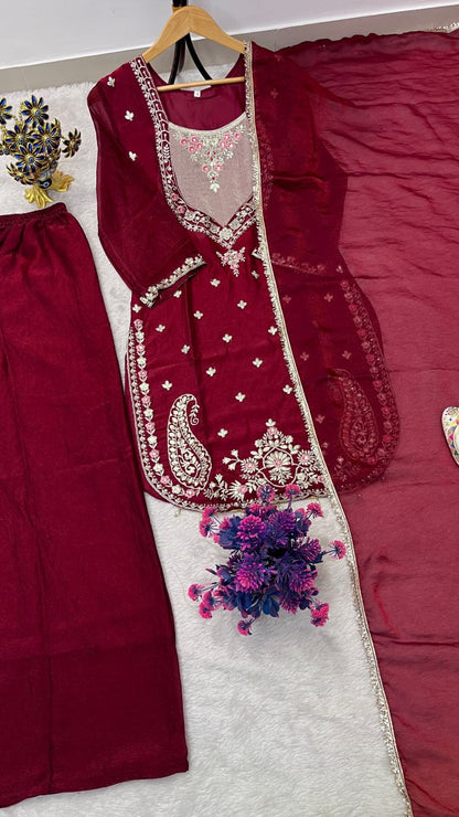 Beautifull NC Moss Fabric With Embroidery Work Top Plazzo