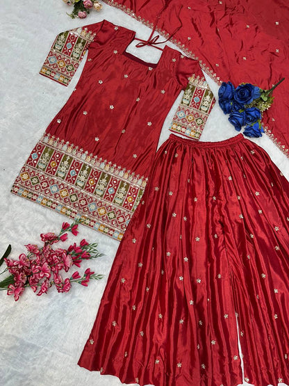 Havy Chinon Silk Embroidery Work With Micro Cotton Top Sharara