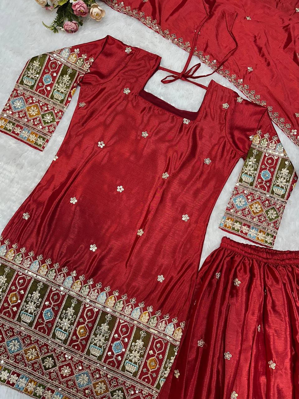 Havy Chinon Silk Embroidery Work With Micro Cotton Top Sharara