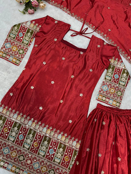 Havy Chinon Silk Embroidery Work With Micro Cotton Top Sharara