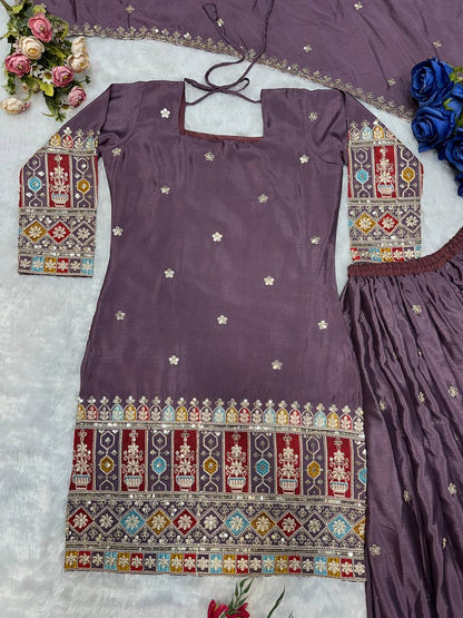 Havy Chinon Silk Embroidery Work With Micro Cotton Top Sharara