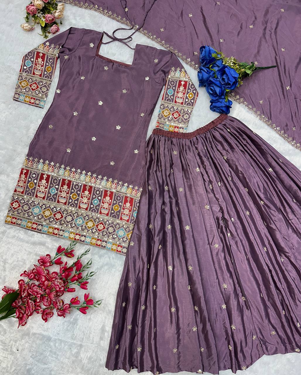Havy Chinon Silk Embroidery Work With Micro Cotton Top Sharara