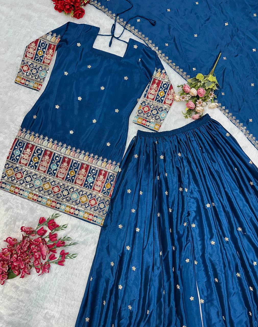 Havy Chinon Silk Embroidery Work With Micro Cotton Top Sharara