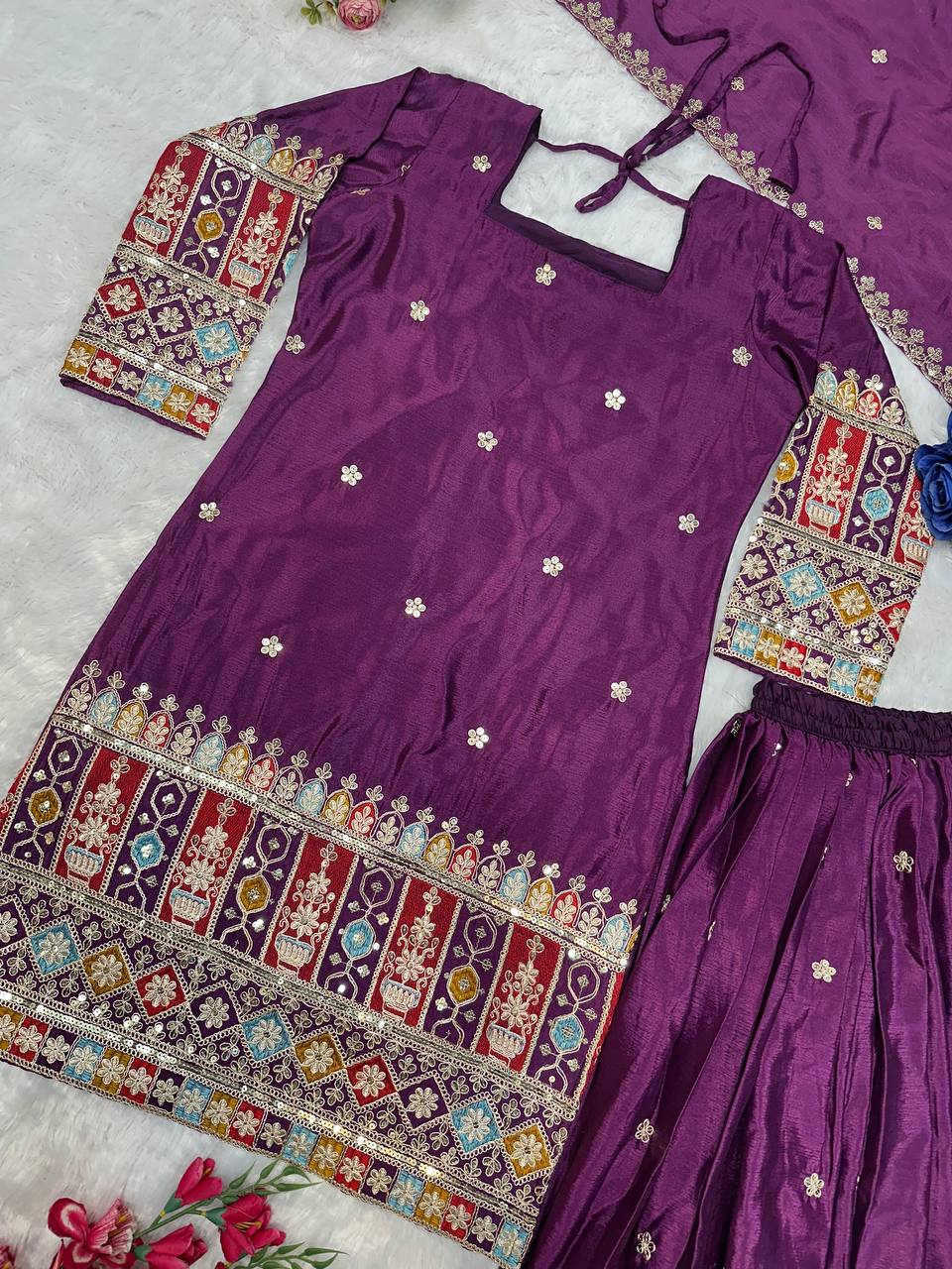 Havy Chinon Silk Embroidery Work With Micro Cotton Top Sharara