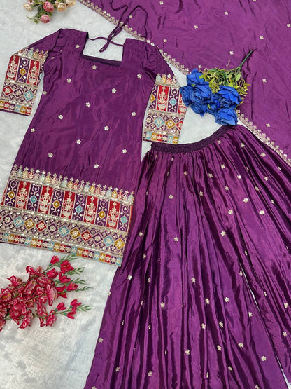 Havy Chinon Silk Embroidery Work With Micro Cotton Top Sharara
