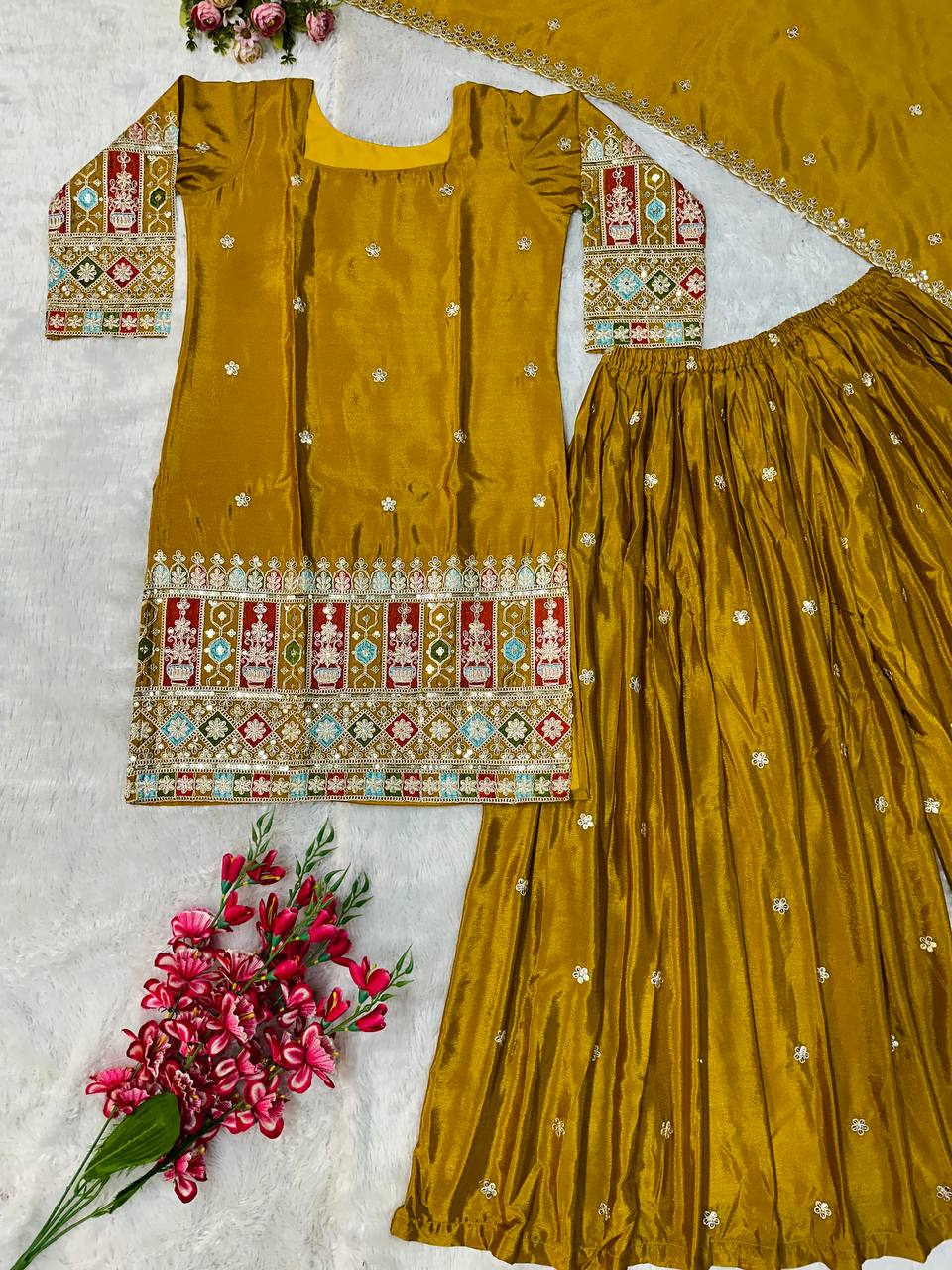 Havy Chinon Silk Embroidery Work With Micro Cotton Top Sharara