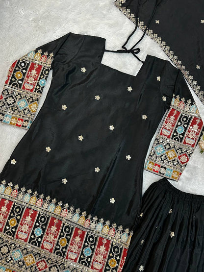 Havy Chinon Silk Embroidery Work With Micro Cotton Top Sharara