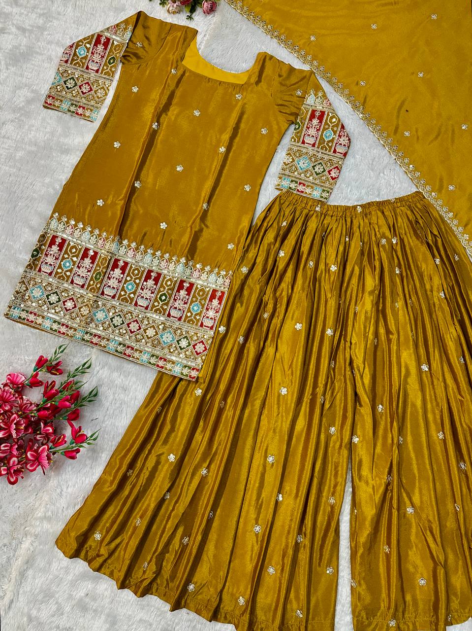 Havy Chinon Silk Embroidery Work With Micro Cotton Top Sharara