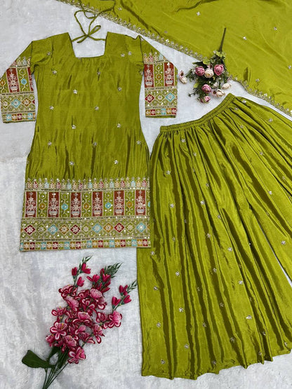 Havy Chinon Silk Embroidery Work With Micro Cotton Top Sharara