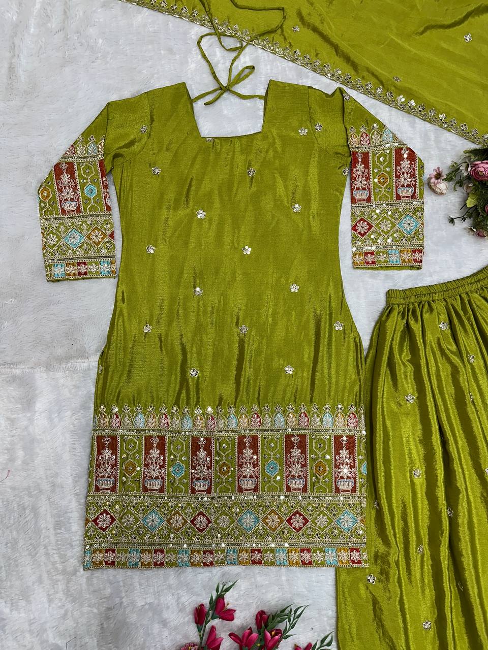 Havy Chinon Silk Embroidery Work With Micro Cotton Top Sharara