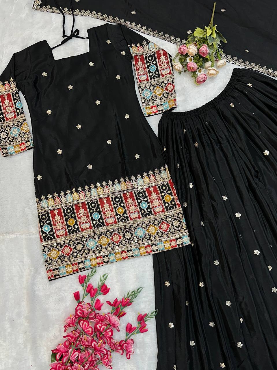 Havy Chinon Silk Embroidery Work With Micro Cotton Top Sharara