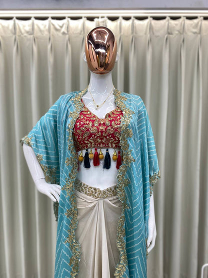Sequence Embroidery With Latkan On Corner With Chinon Shrug Draped Choli