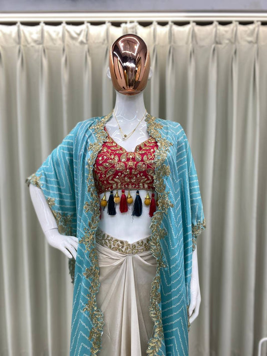 Sequence Embroidery With Latkan On Corner With Chinon Shrug Draped Choli