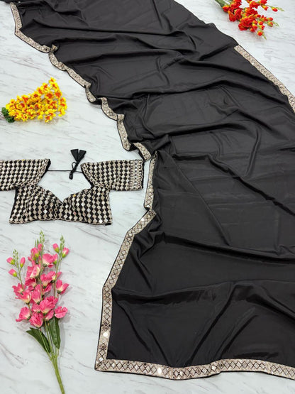 Beautiful Heavy real Mirror Work With Crape Silk Embellishes Saree