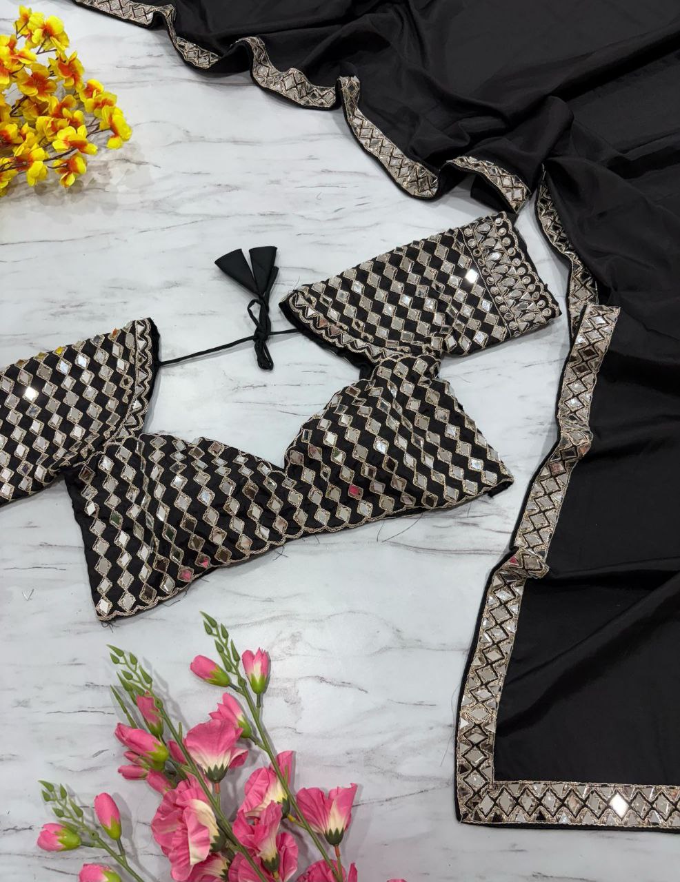 Beautiful Heavy real Mirror Work With Crape Silk Embellishes Saree