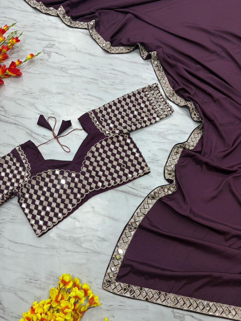 Beautiful Heavy real Mirror Work With Crape Silk Embellishes Saree