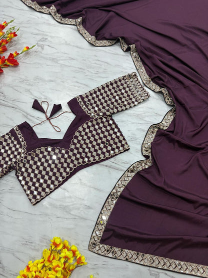 Beautiful Heavy real Mirror Work With Crape Silk Embellishes Saree