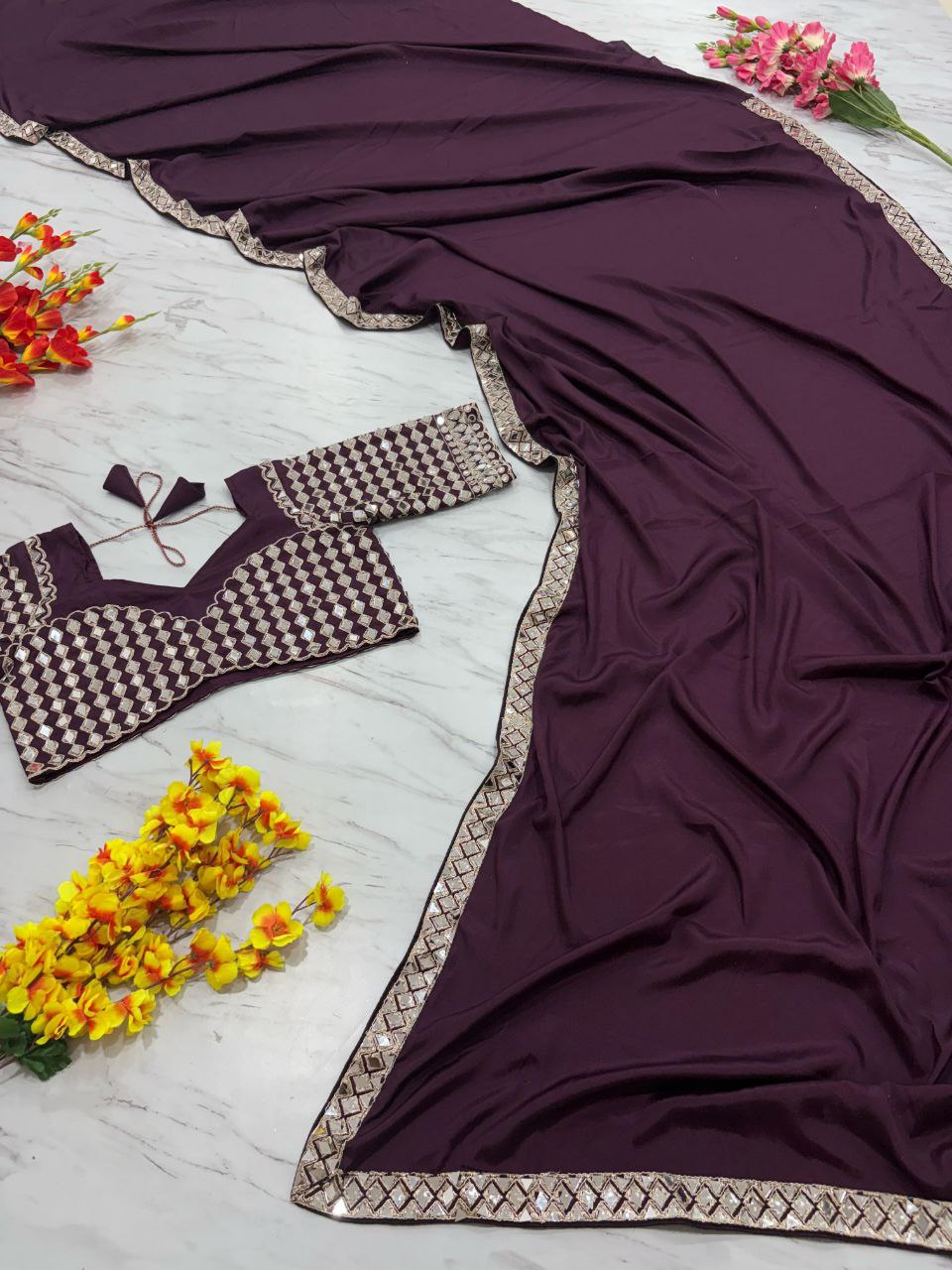 Beautiful Heavy real Mirror Work With Crape Silk Embellishes Saree
