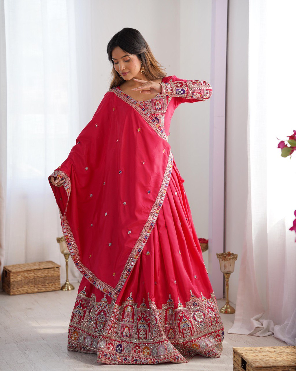Natural Crep Silk With Thread And Sequence Work Lehenga Choli