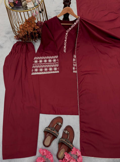 Natural Satin Embroidery WOrk Top Plazzo