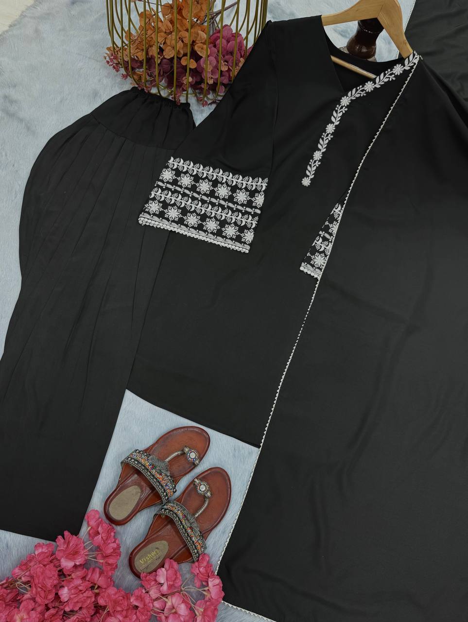 Natural Satin Embroidery WOrk Top Plazzo