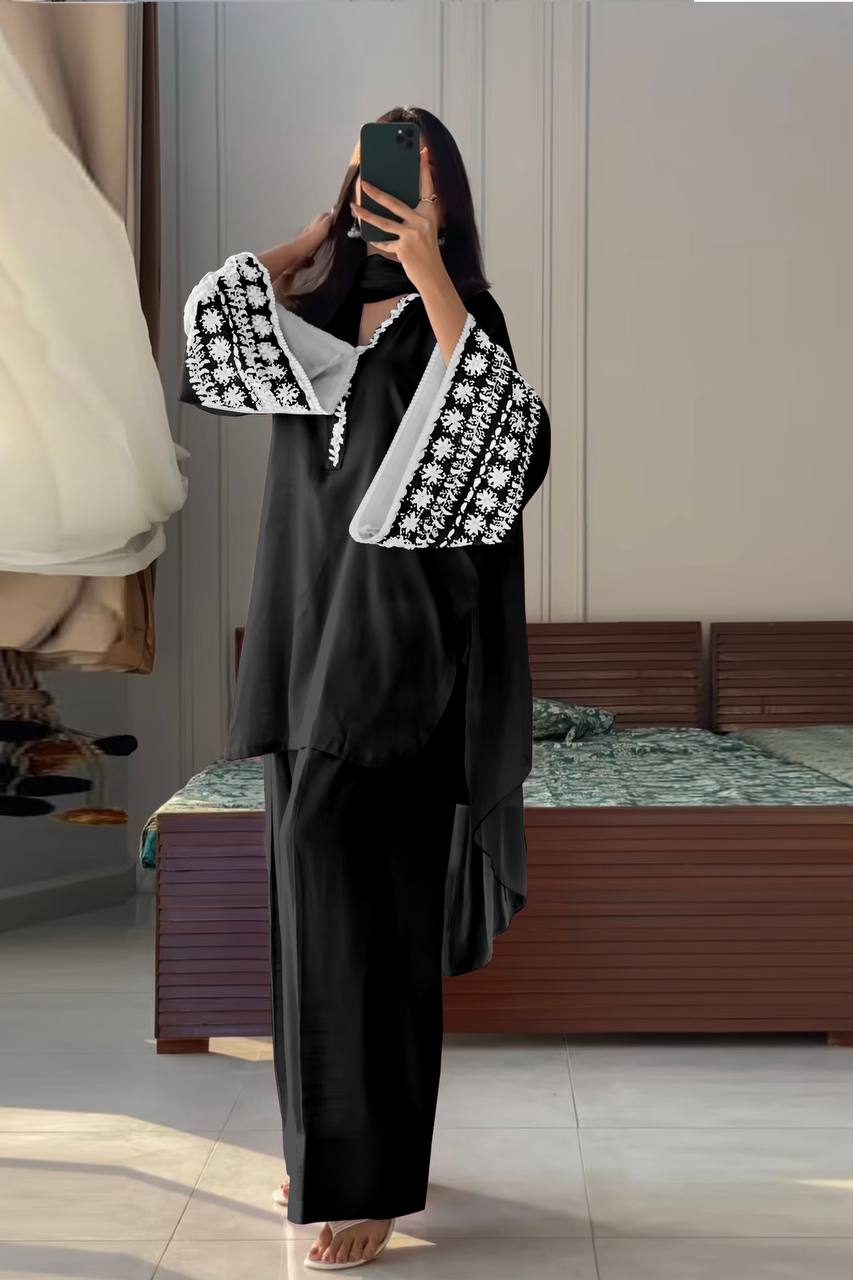 Natural Satin Embroidery WOrk Top Plazzo