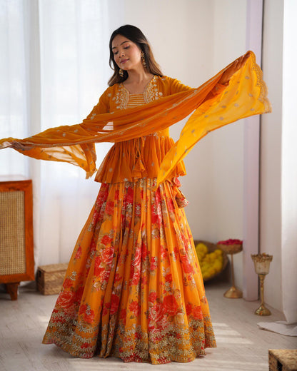 Foux Georgette With Digital Print And Thread With Sequence Work Lehenga