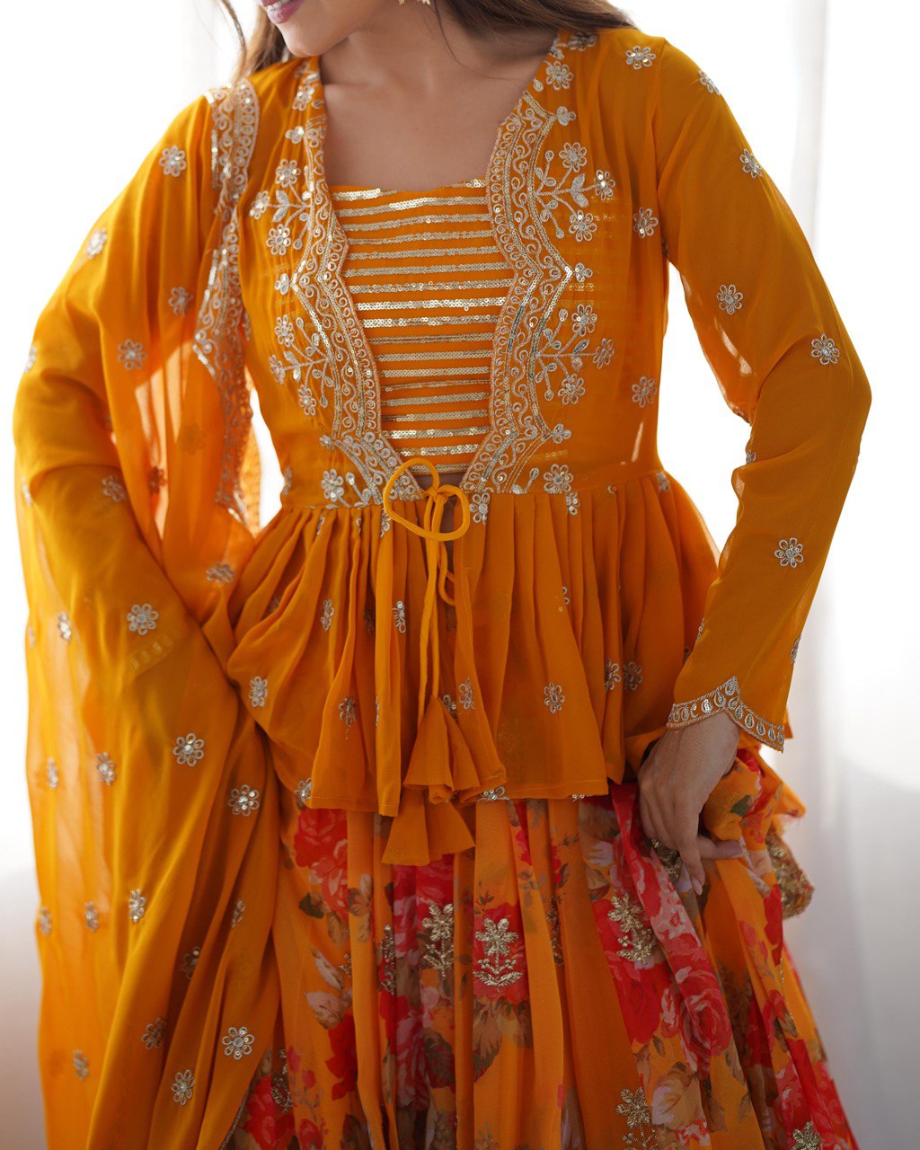 KEDIYA STYLE FOUX GEORGETTE SEQEUENCE WORK LEHENGA CHOLI WITH KOTI