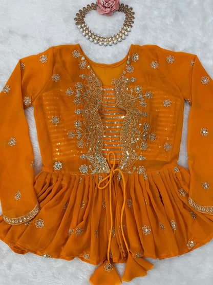KEDIYA STYLE FOUX GEORGETTE SEQEUENCE WORK LEHENGA CHOLI WITH KOTI