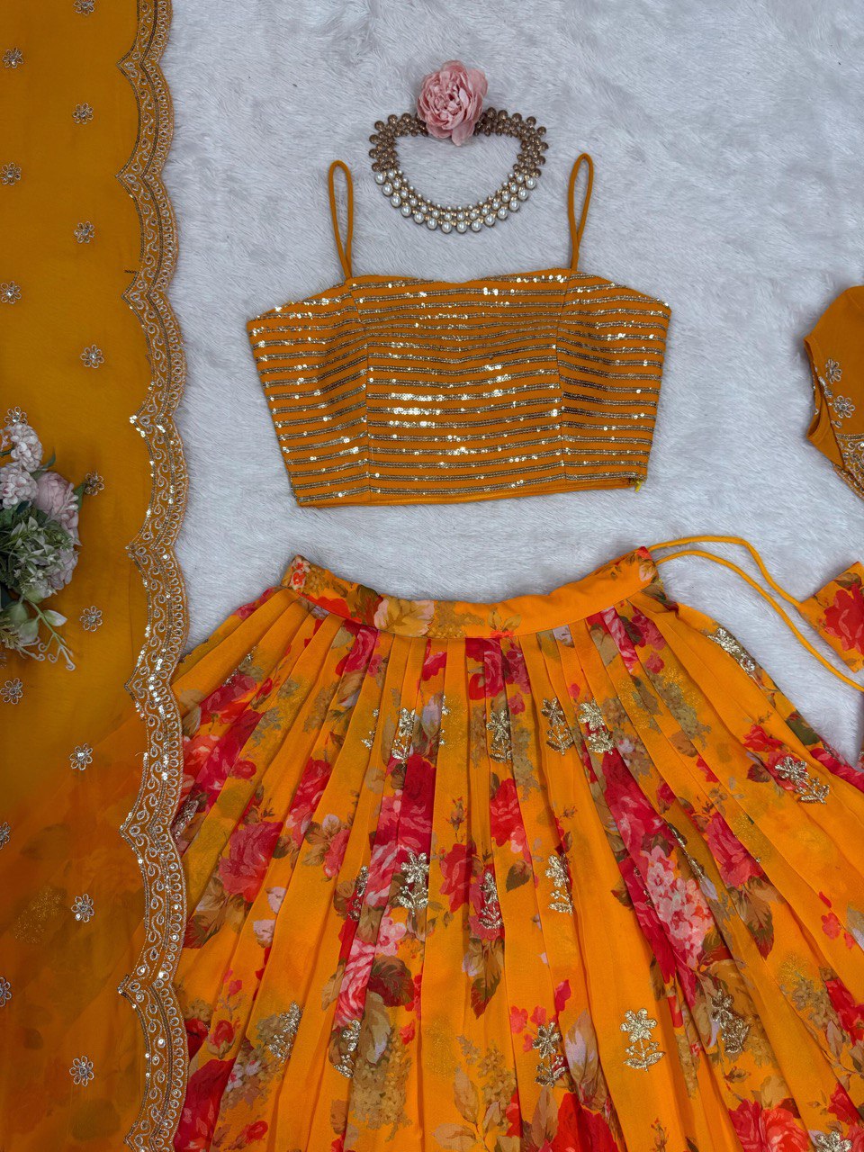 KEDIYA STYLE FOUX GEORGETTE SEQEUENCE WORK LEHENGA CHOLI WITH KOTI
