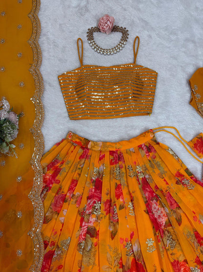 KEDIYA STYLE FOUX GEORGETTE SEQEUENCE WORK LEHENGA CHOLI WITH KOTI