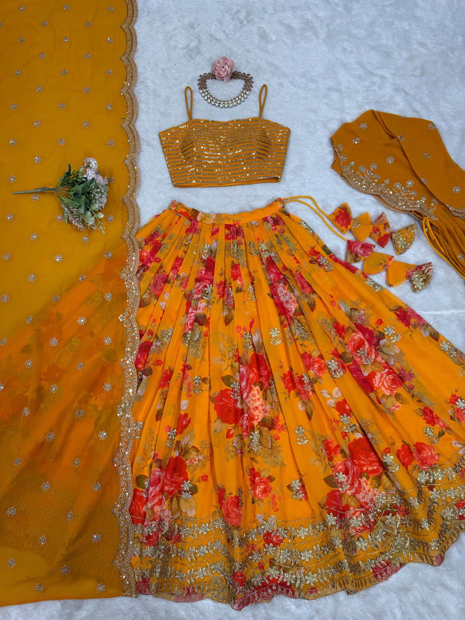 Foux Georgette With Digital Print And Thread With Sequence Work Lehenga