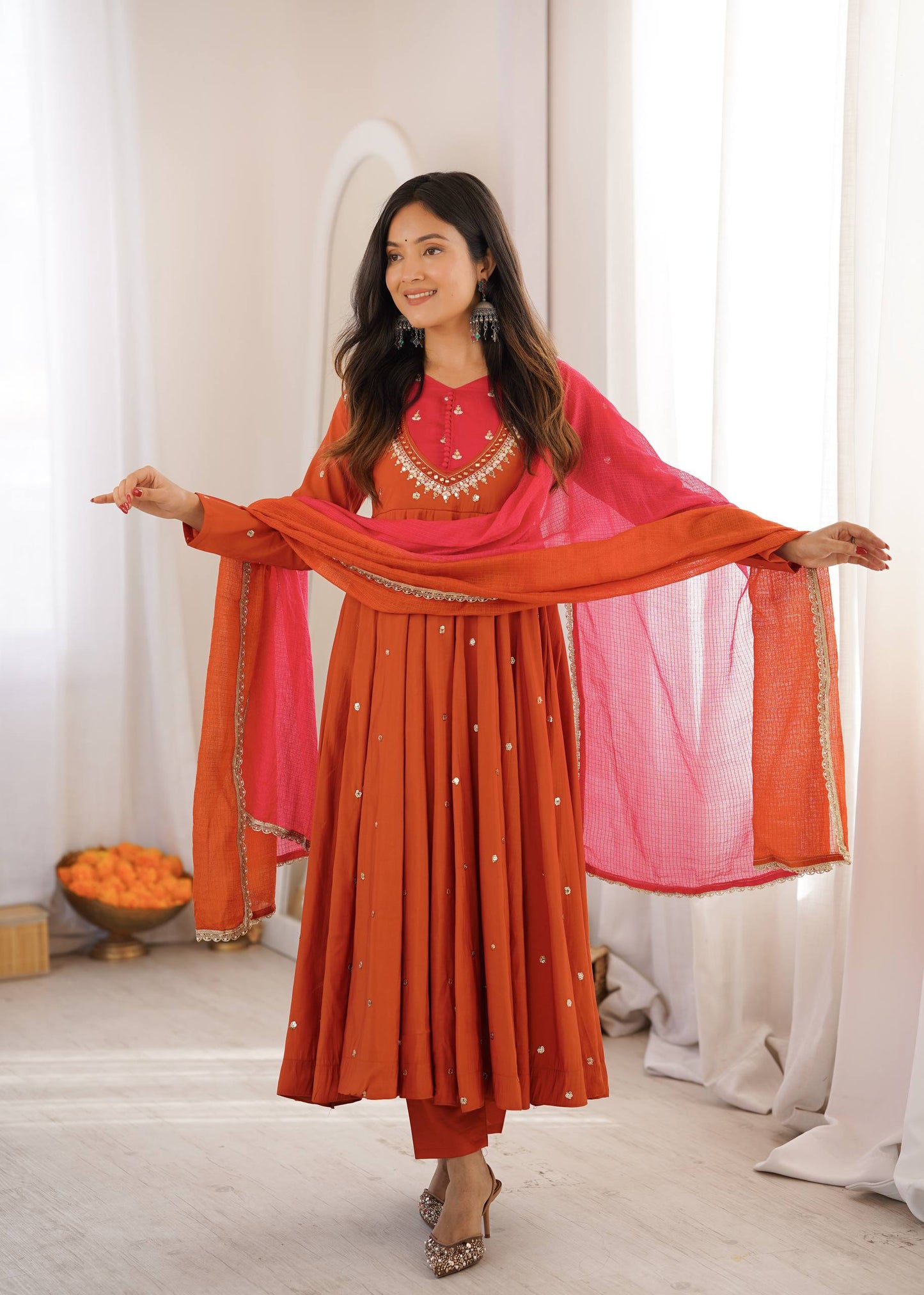 Roman Silk Embroidery Sequence & Real Mirror Work Gown