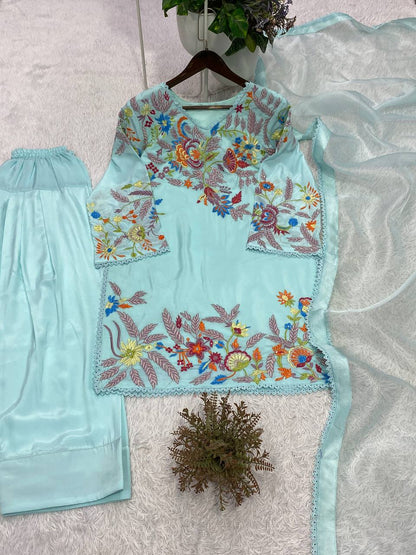 Crape Silk Sequence Embroidery Lace Work Top Salwar