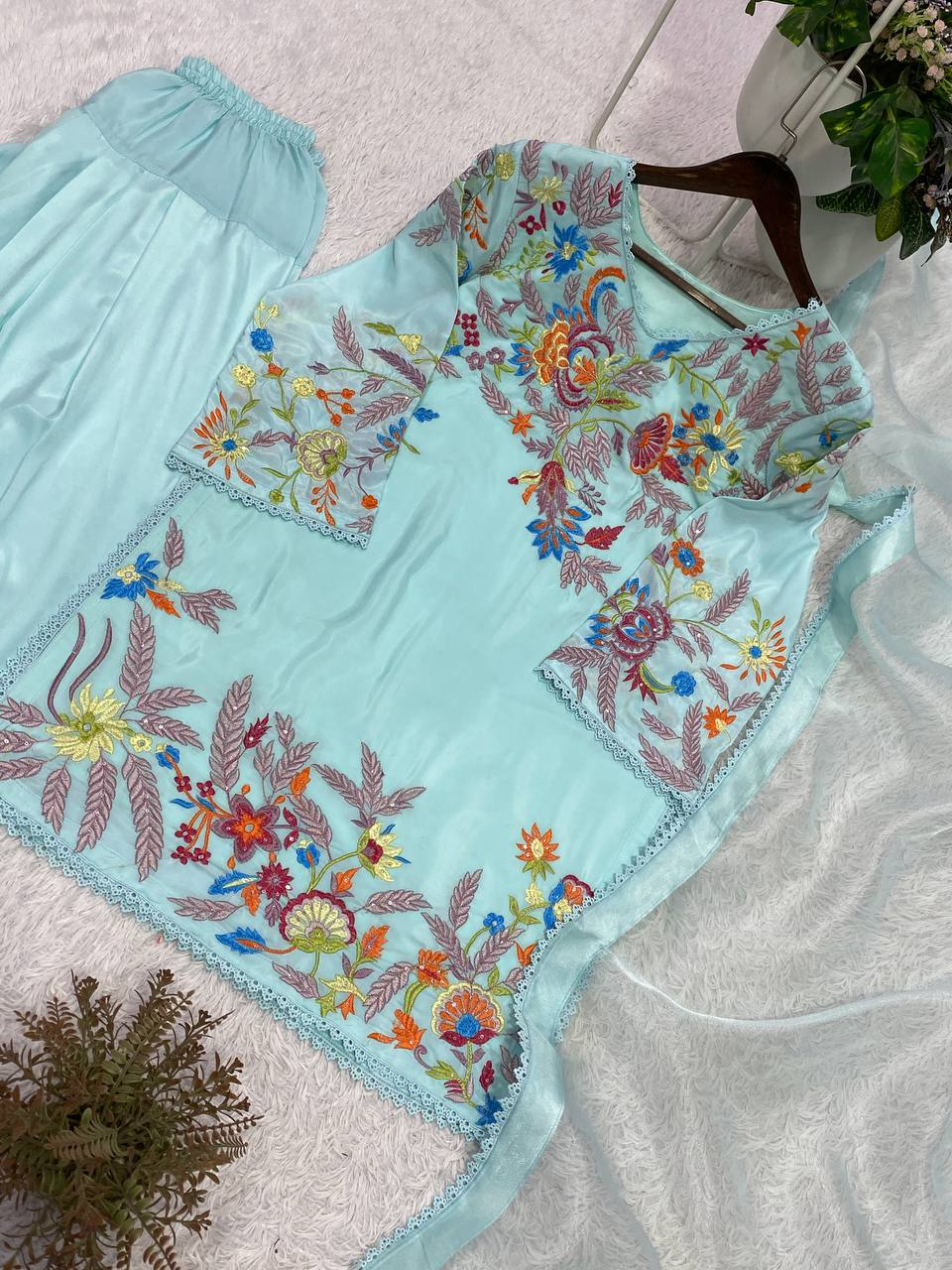 Crape Silk Sequence Embroidery Lace Work Top Salwar