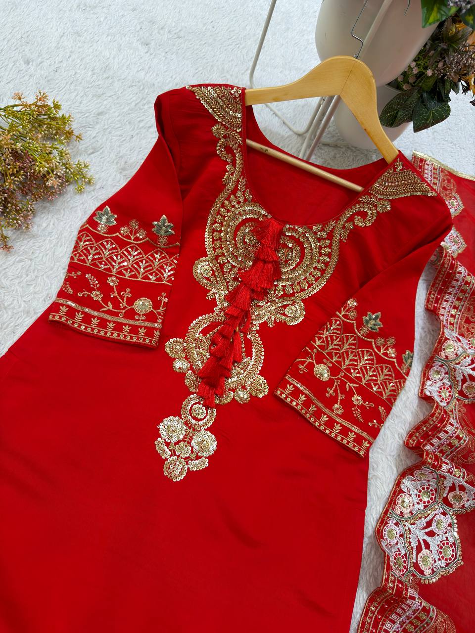 Beautifull Red Color Roman Silk With Embroidery Work Top Plazzo