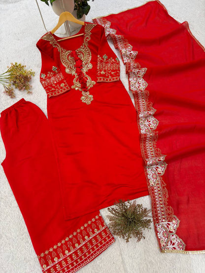 Beautifull Red Color Roman Silk With Embroidery Work Top Plazzo