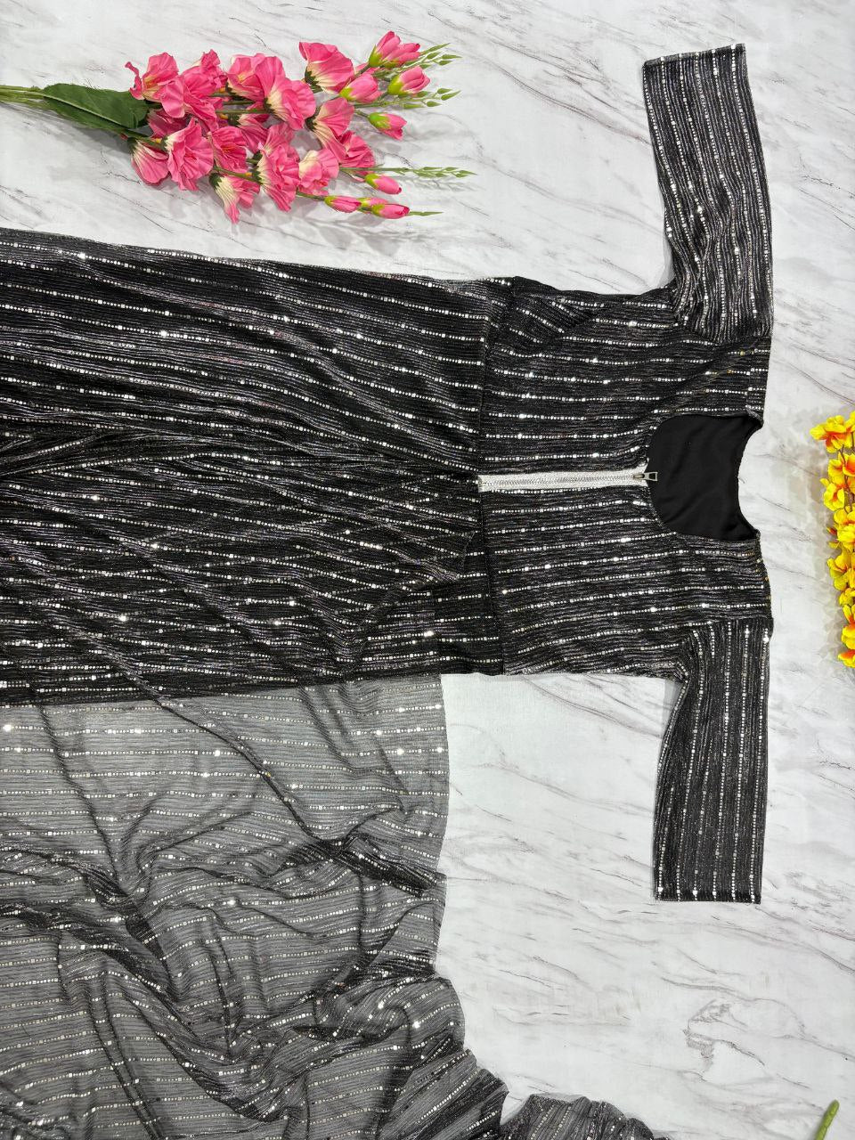 New Shade Imported Net Embellished Tikki Work Saree