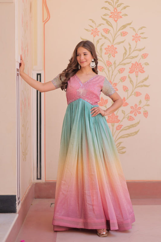 GOLD CRUSH PADDING WITH BEADS EMBROIDERY WORK GOWN