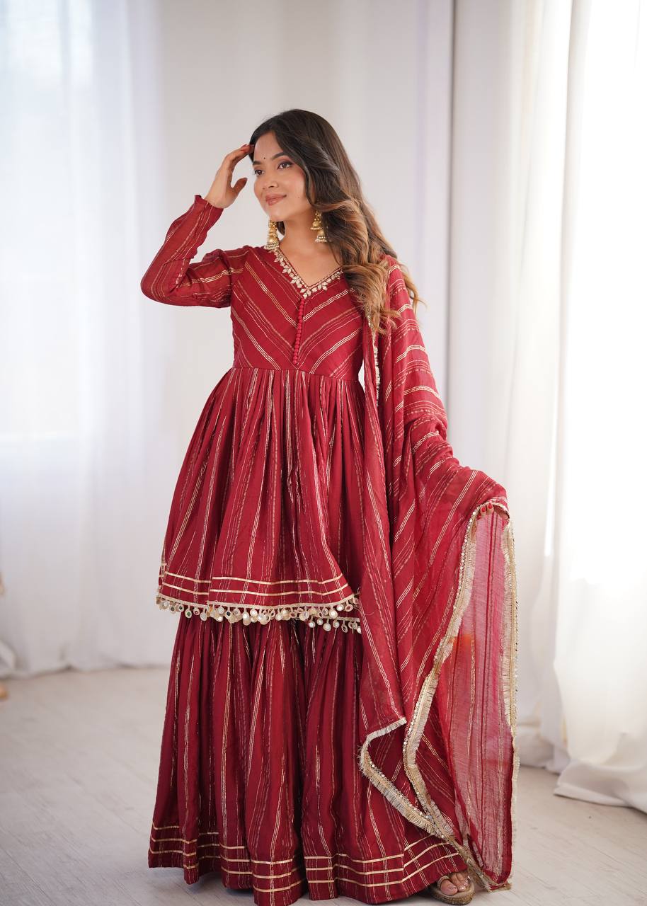 Beautiful Mal Chanderi With Real Mirror Handwork Sharara Suit