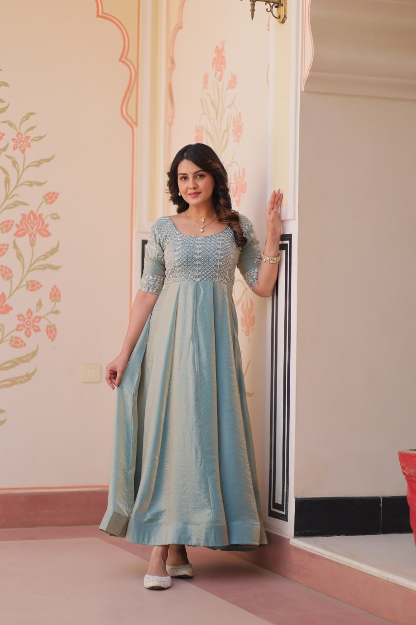 MOST TRENDING  WEIGHTLESS FANDY SILK BEADS WORK GOWN