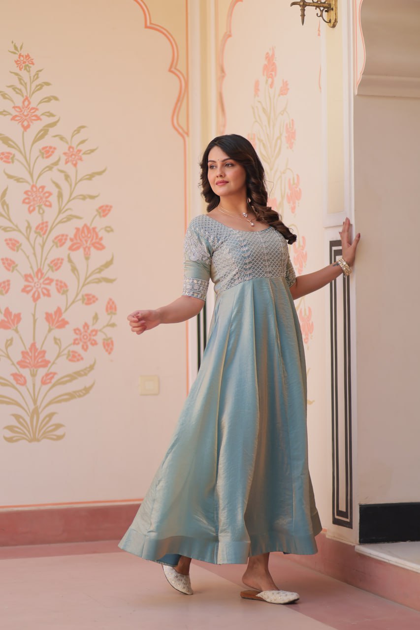 MOST TRENDING  WEIGHTLESS FANDY SILK BEADS WORK GOWN