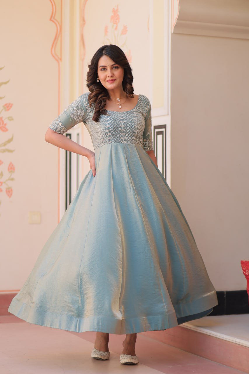 MOST TRENDING  WEIGHTLESS FANDY SILK BEADS WORK GOWN