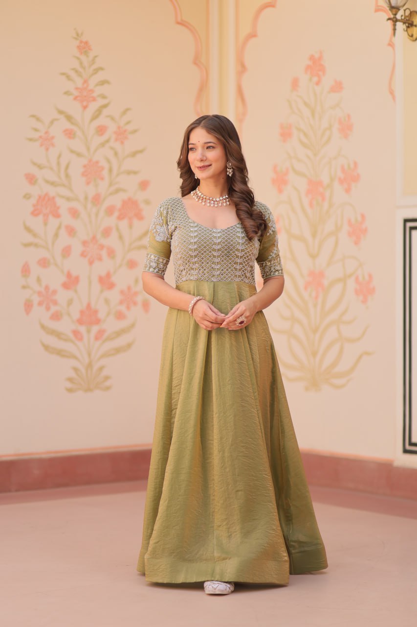 MOST TRENDING  WEIGHTLESS FANDY SILK BEADS WORK GOWN