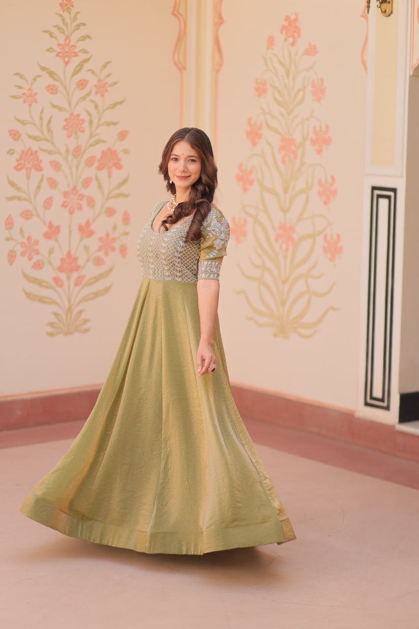 MOST TRENDING  WEIGHTLESS FANDY SILK BEADS WORK GOWN