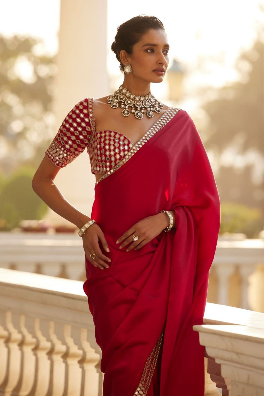 Beautiful Heavy real Mirror Work With Crape Silk Embellishes Saree