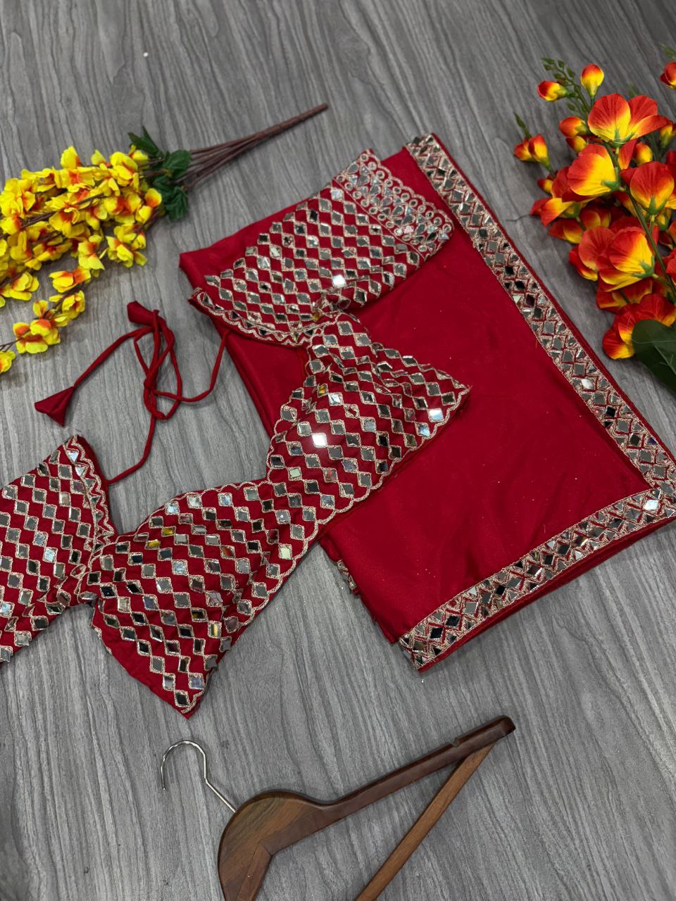 Beautiful Heavy real Mirror Work With Crape Silk Embellishes Saree