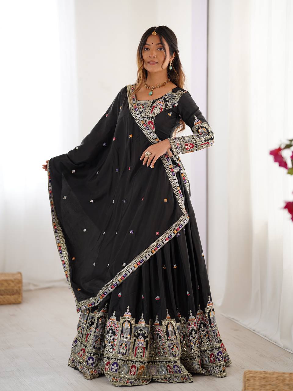 Natural Crep Silk With Thread And Sequence Work Lehenga Choli