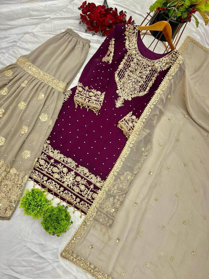 Heavy Faux Goergette Heavy Embroidery Work With Dori Sequence Work Top Plazzo