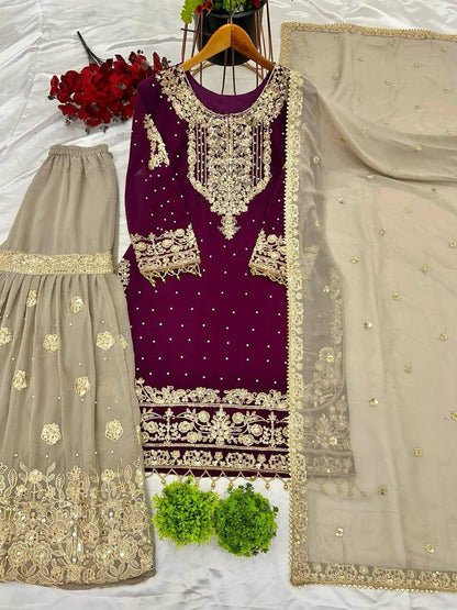 Heavy Faux Goergette Heavy Embroidery Work With Dori Sequence Work Top Plazzo